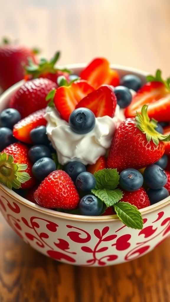 A vibrant bowl of patriotic fruit salad featuring strawberries, blueberries, and whipped cream.