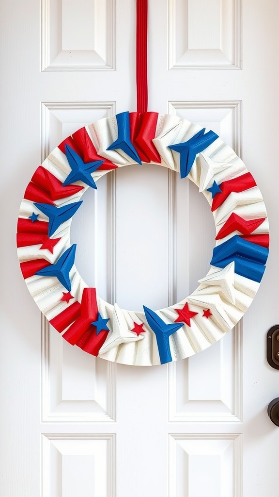 A festive wreath made from red, white, and blue paper plates and stars, perfect for 4th of July celebrations.