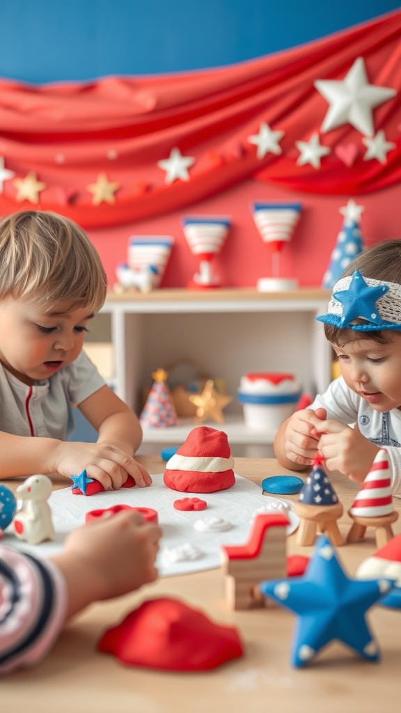 Children playing with colorful play dough for July 4th crafts.
