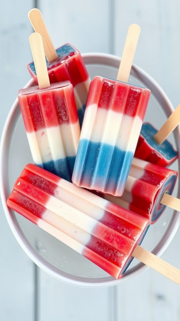 Red, white, and blue layered popsicles in a bowl