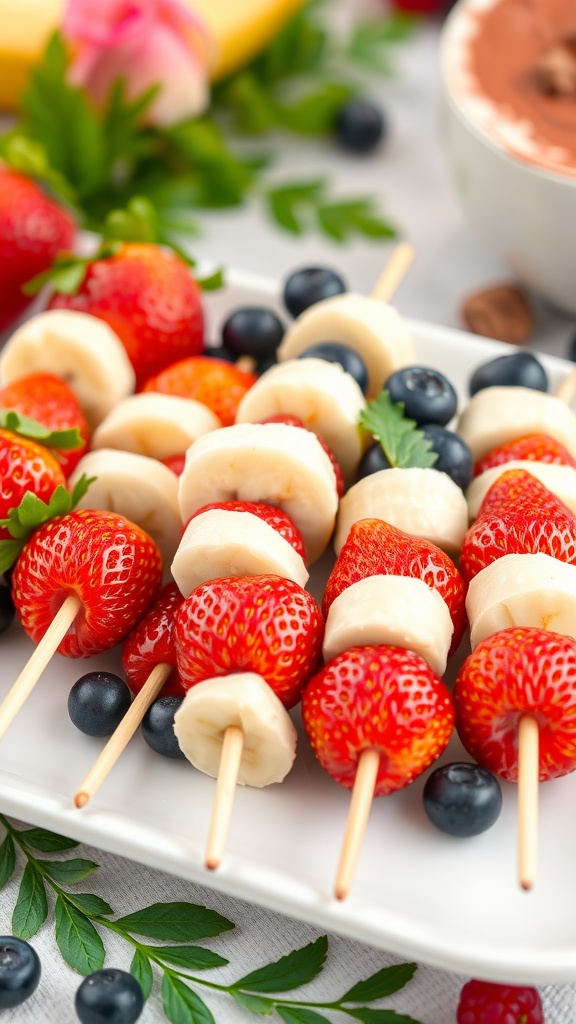 Red, white, and blue fruit skewers with strawberries, banana slices, and blueberries.