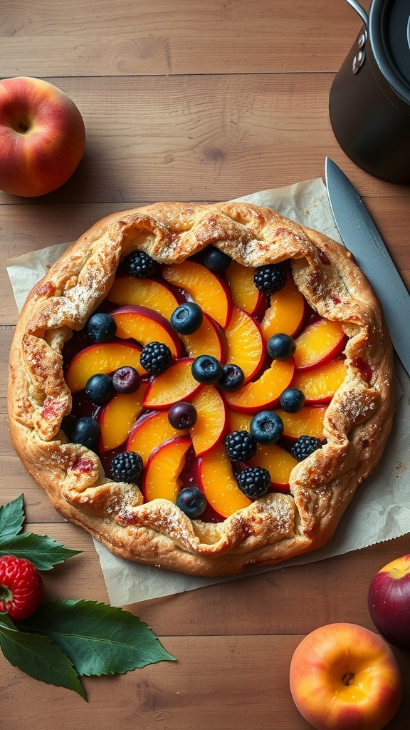 A delicious peach and berry galette with vibrant colors on a wooden table.