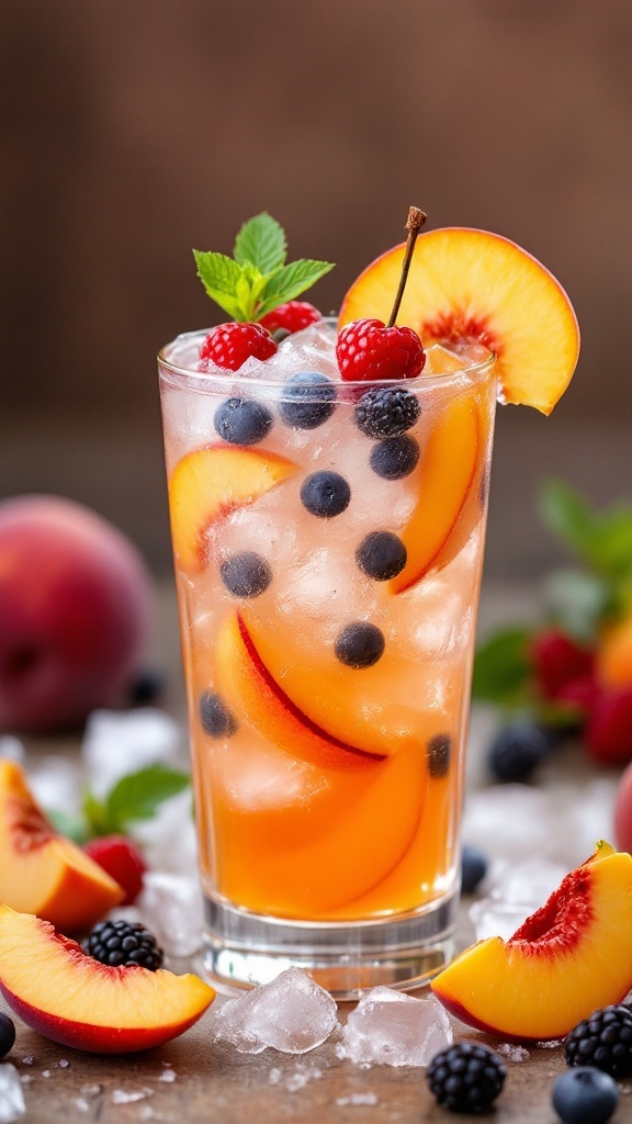 A refreshing summer mocktail with peaches, blueberries, and raspberries served in a tall glass.