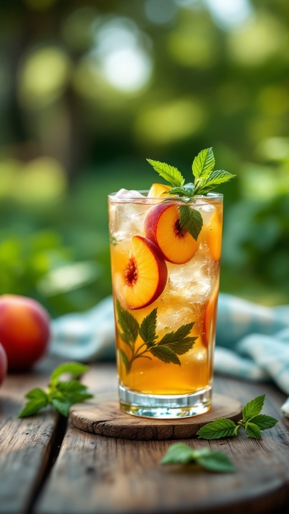A refreshing Peach Iced Tea Cooler with peach slices and mint leaves in a glass