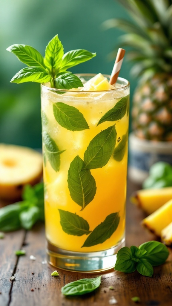 A refreshing Pineapple Basil Smash cocktail garnished with fresh basil leaves.