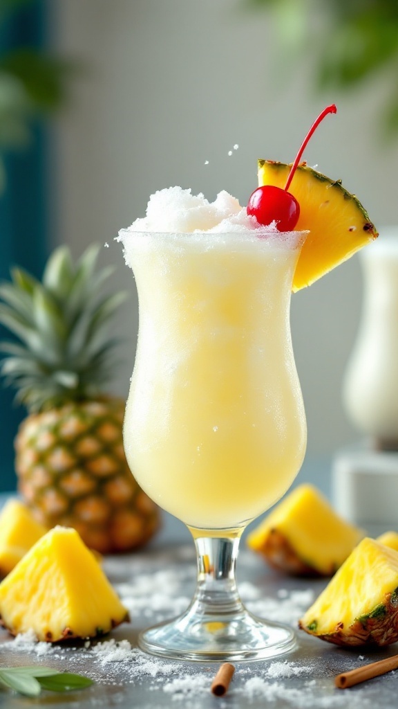 A Pineapple Coconut Daiquiri in a highball glass garnished with a cherry and a pineapple slice.
