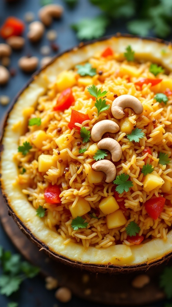 A bowl of pineapple fried rice topped with cashews and fresh herbs.