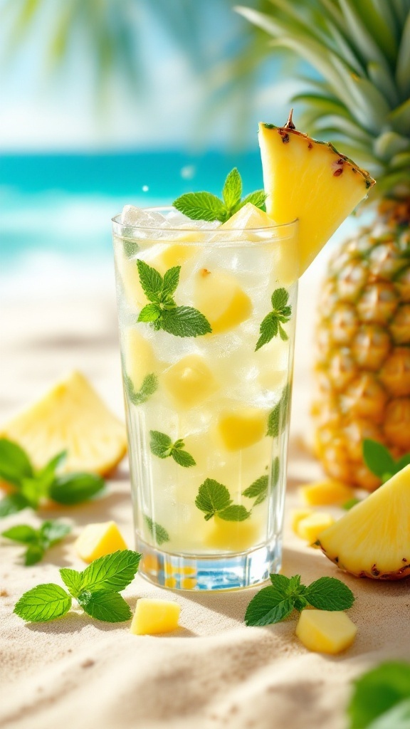 A refreshing pineapple mint drink with mint leaves and pineapple chunks in a glass.