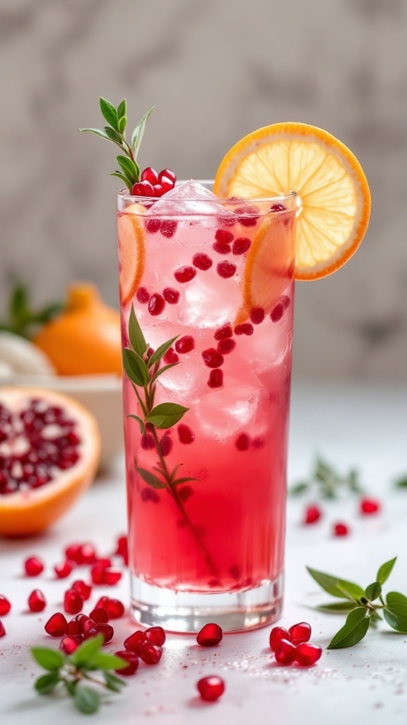 A refreshing Pomegranate Citrus Spritzer in a tall glass with ice, garnished with lemon slices and pomegranate seeds.