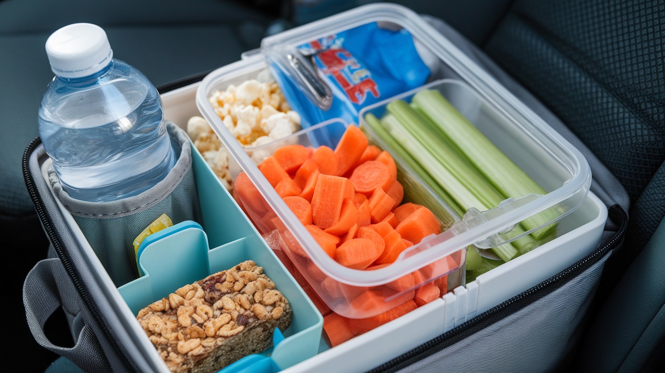 A portable snack pack filled with healthy snacks including carrots, granola bars, popcorn, and a juice box.