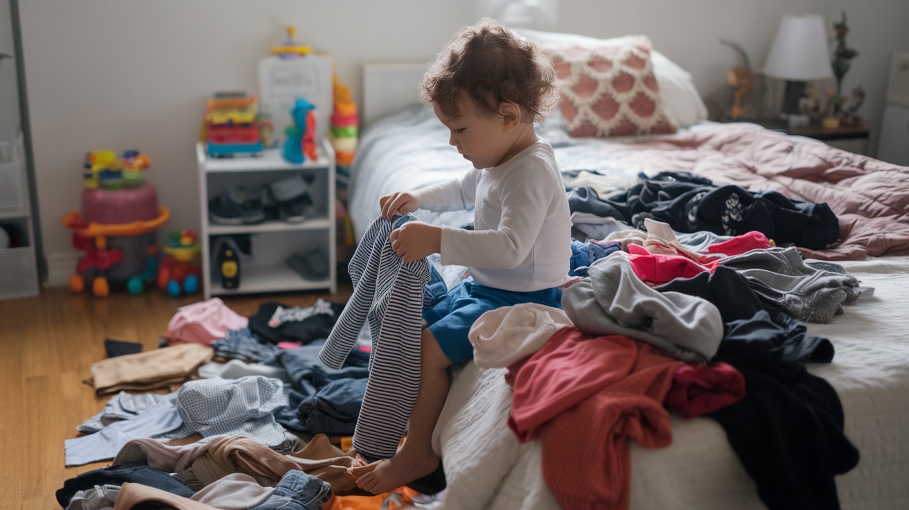 A young child sitting on a bed, playing with clothes scattered around.