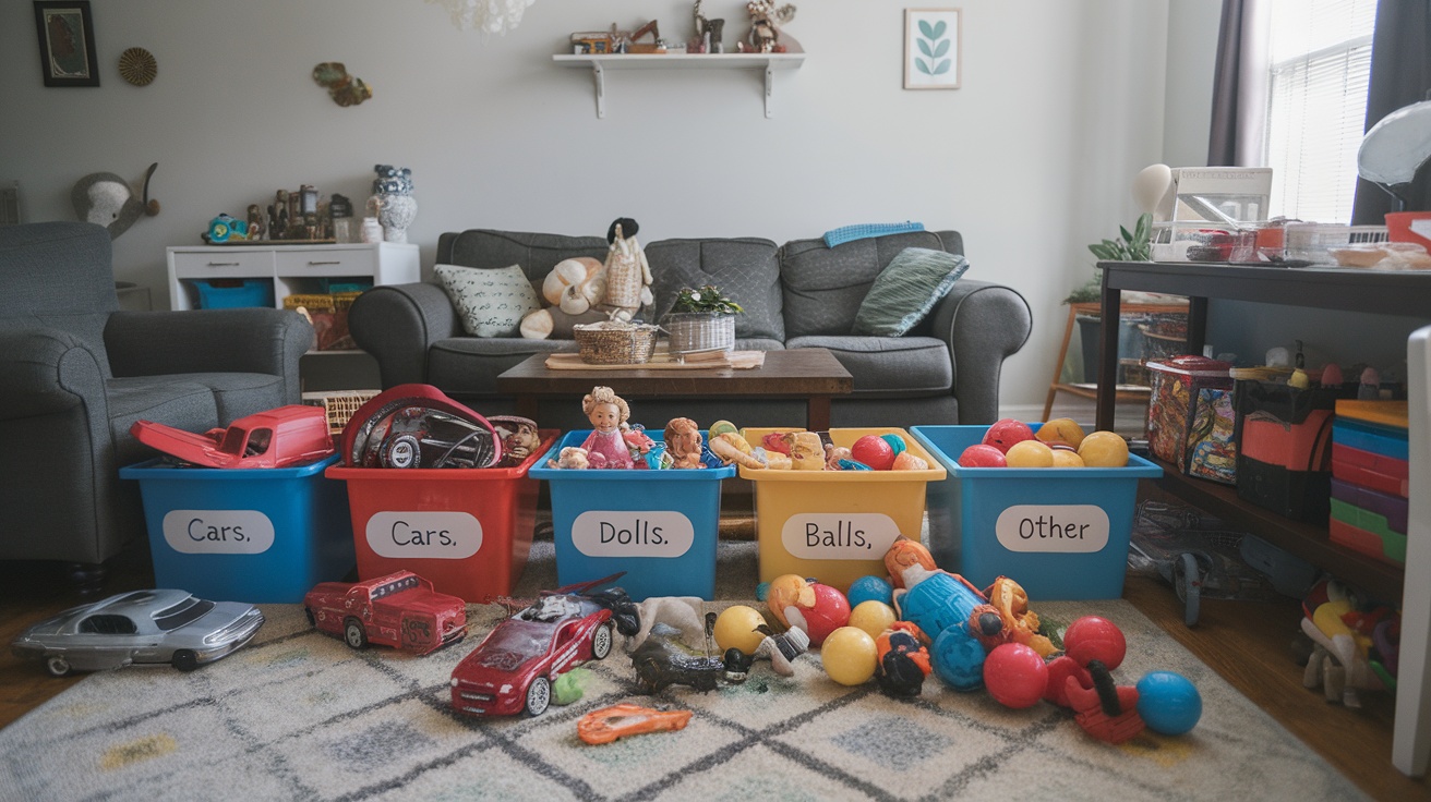 Colorful bins labeled for toy organization in a living room.