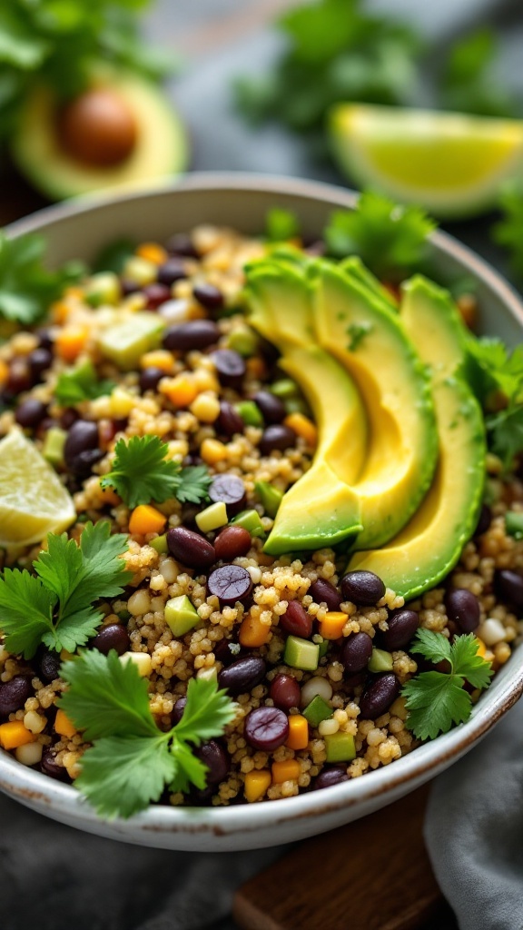 A vibrant quinoa salad with black beans, fresh herbs, and avocado slices.