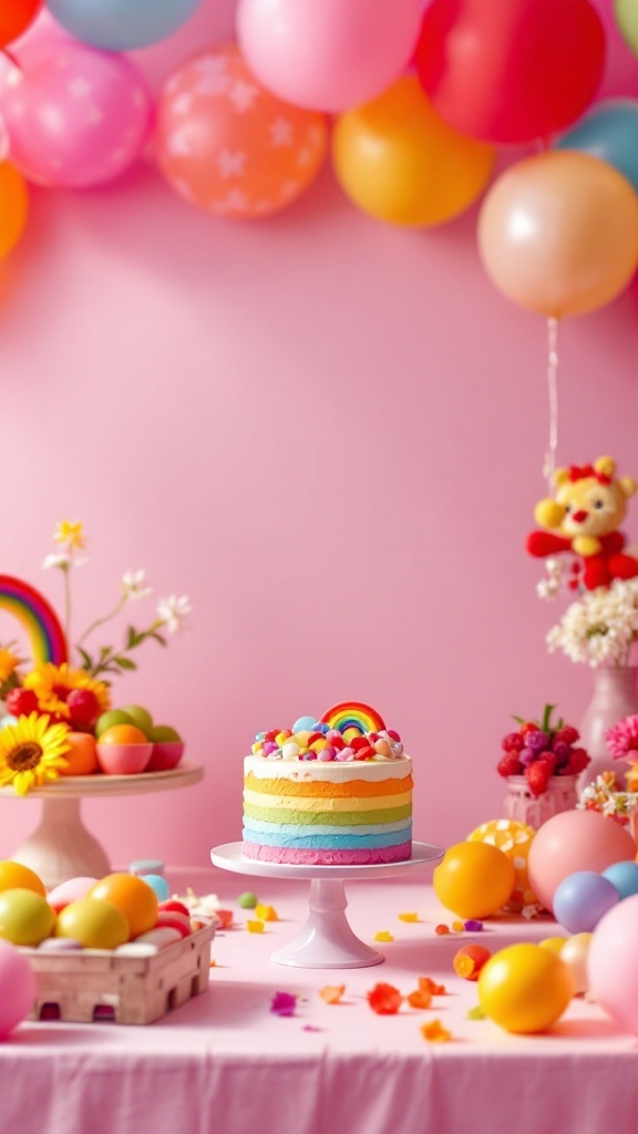 A colorful baby shower setup with balloons, a rainbow cake, and fresh flowers.