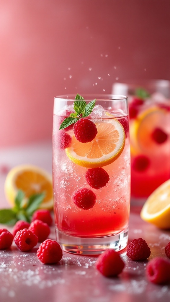 A refreshing Raspberry Lemonade Spritz served in a glass with lemon slices and raspberries.