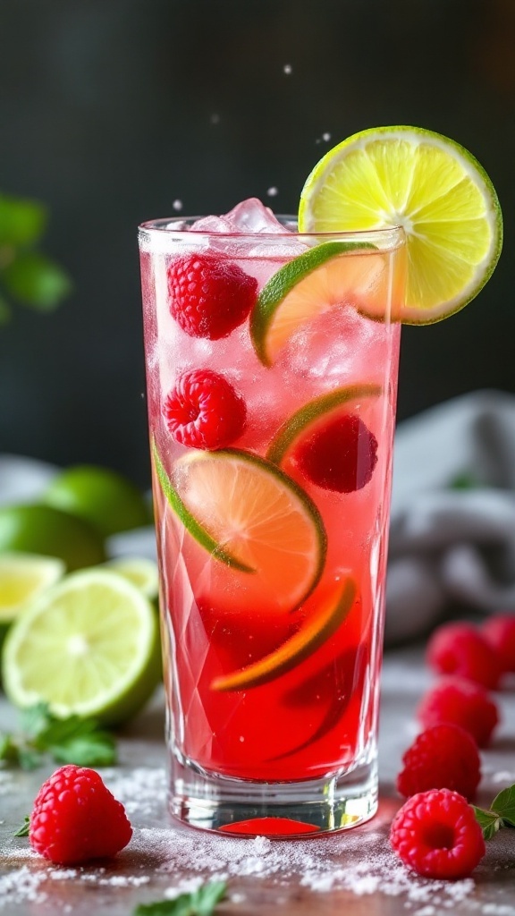 A tall glass of Raspberry Lime Rickey with fresh raspberries and lime slices.
