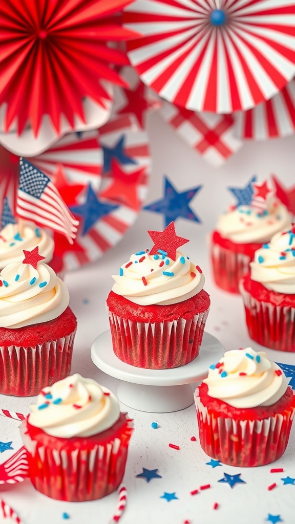 Red velvet cupcakes with cream cheese frosting, decorated for July 4th