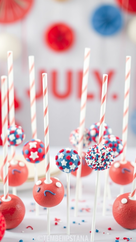 Colorful red, white, and blue cake pops on sticks for July 4th celebration.