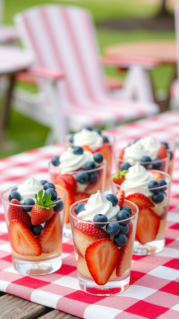 Red, white, and blue fruit cups on a picnic table.