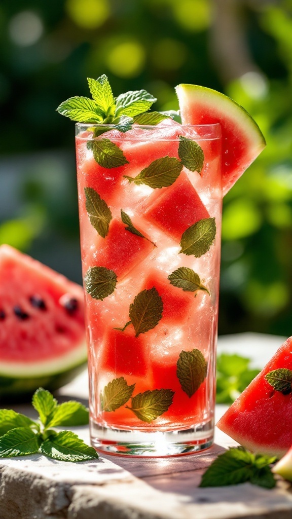 A refreshing watermelon mint cooler mocktail in a glass with ice and mint leaves.