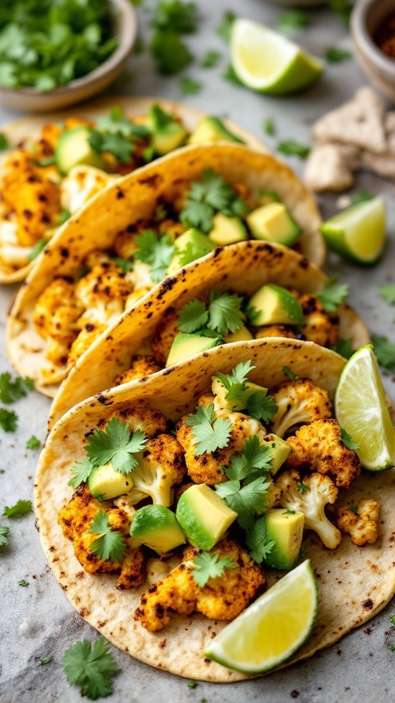 Three roasted cauliflower tacos topped with avocado and cilantro.