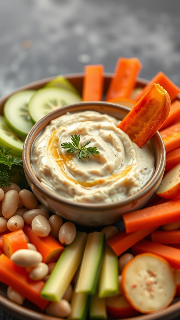 A bowl of roasted garlic and white bean dip surrounded by colorful vegetables.