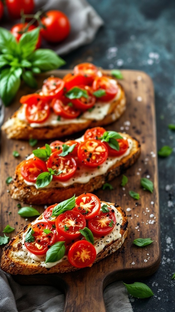 Roasted tomato and basil bruschetta on a wooden board with fresh tomatoes and herbs.