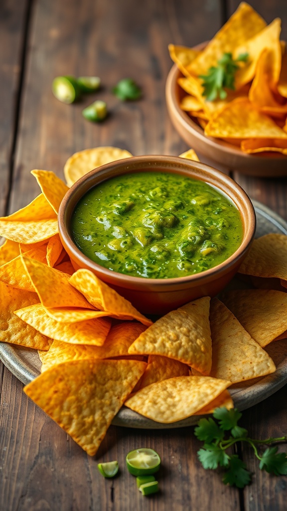 A bowl of salsa verde served with tortilla chips on a wooden table.