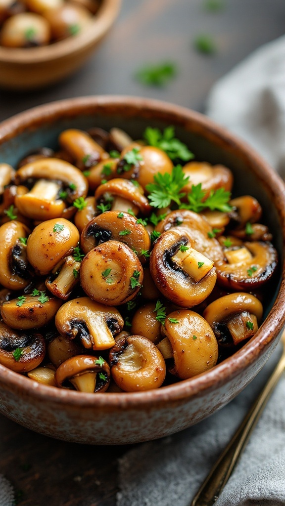 A bowl of sautéed garlic and herb mushrooms garnished with parsley.