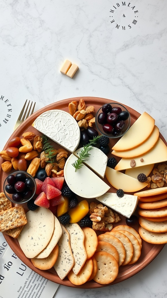 A beautifully arranged cheese board featuring various cheeses, nuts, and fresh fruit.