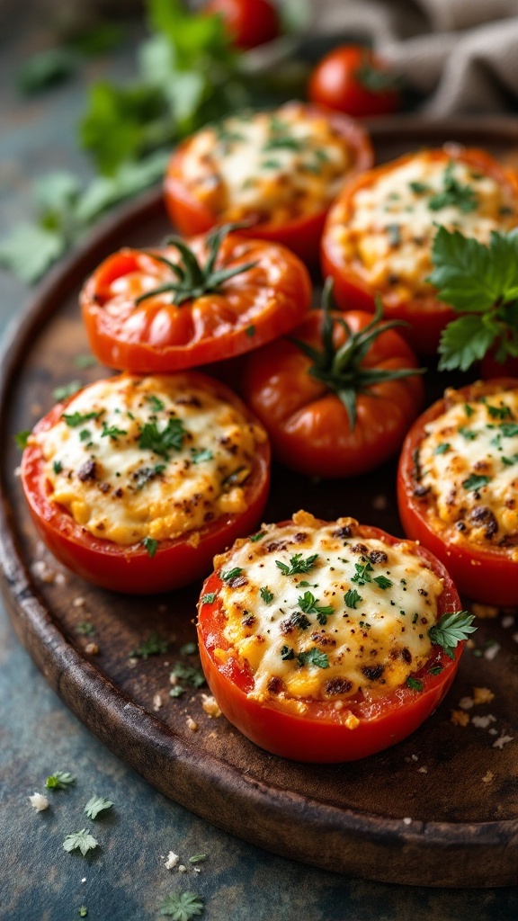 Savory herb and cheese stuffed tomatoes on a wooden plate.