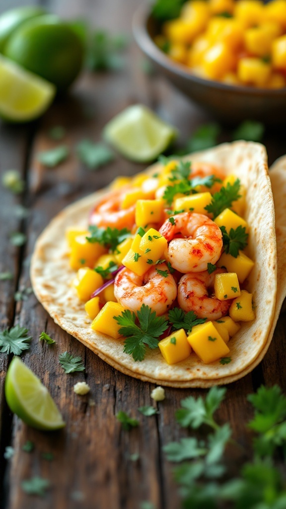 Shrimp tacos with mango salsa on a wooden table.