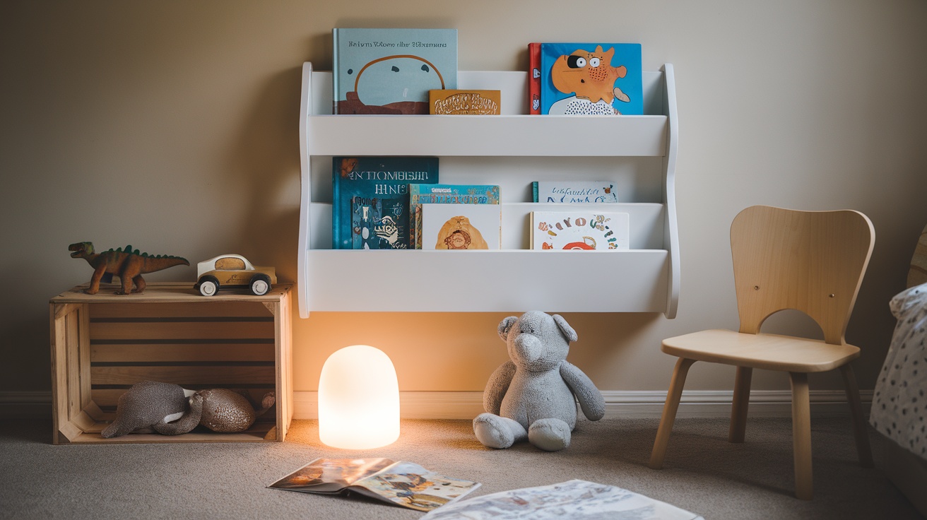 A cozy children's corner with books, toys, and a soft light.