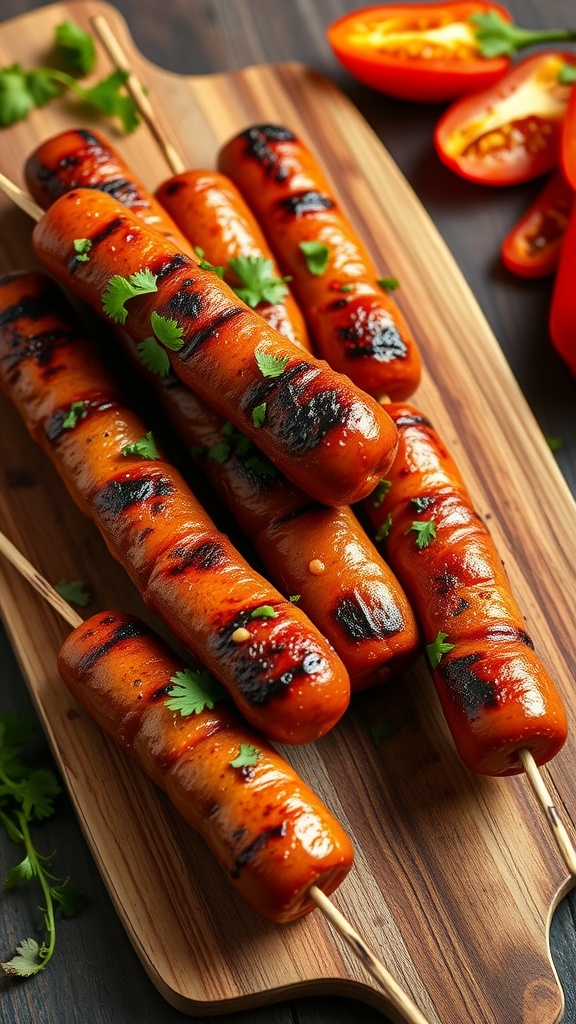 Grilled sausage skewers on a wooden platter with fresh herbs.