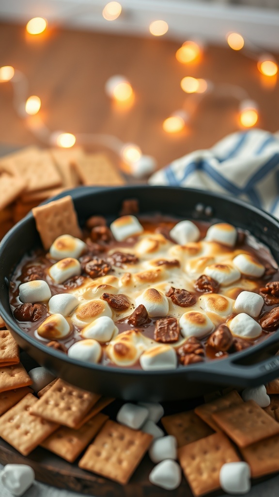 A close-up of s'mores dip with toasted marshmallows and graham crackers.