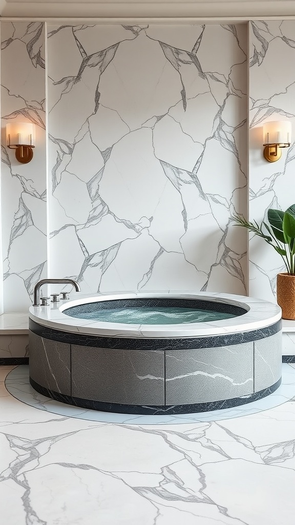 A stylish marble hot tub surround with a sleek design in an elegant setting.