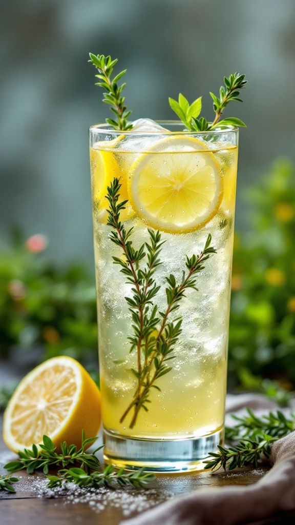 A tall glass filled with a sparkling lemon thyme cocktail, garnished with lemon slices and fresh thyme.