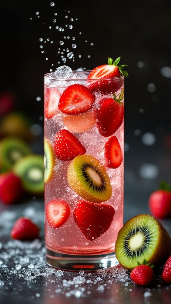 A refreshing mocktail made with strawberries and kiwi in a glass with bubbles.