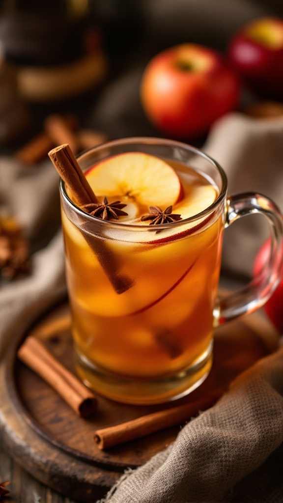A spiced apple cider mocktail with apple slices and a cinnamon stick