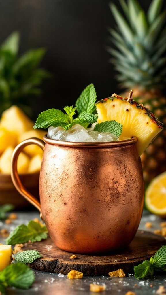 A copper mug filled with a spiced pineapple mule cocktail, garnished with mint leaves and a slice of pineapple.