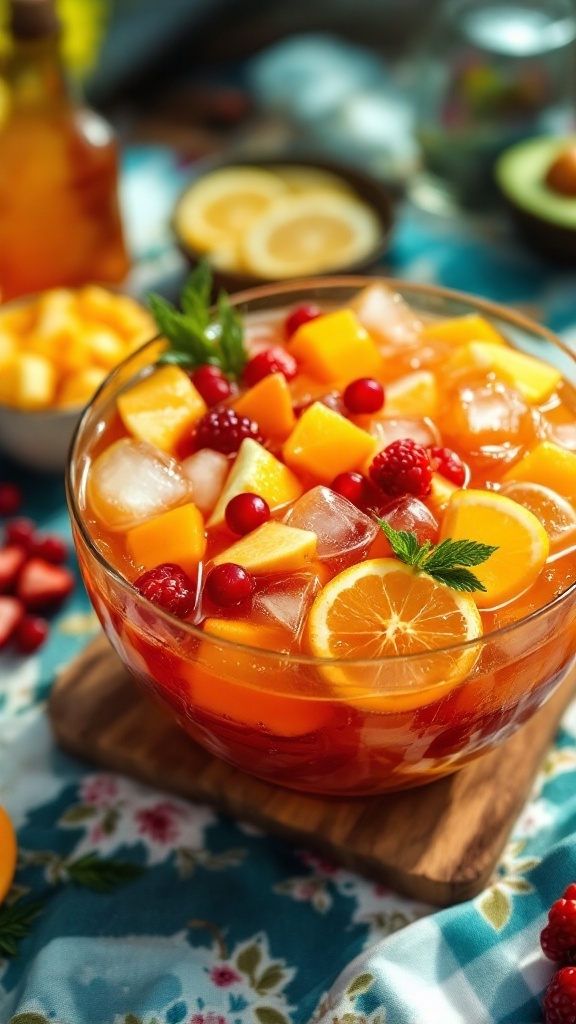 A bowl of colorful spiced rum punch with fresh fruits, ice cubes, and mint leaves