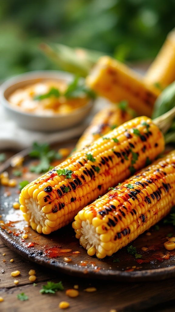 Grilled corn on the cob with spices and toppings on a plate.