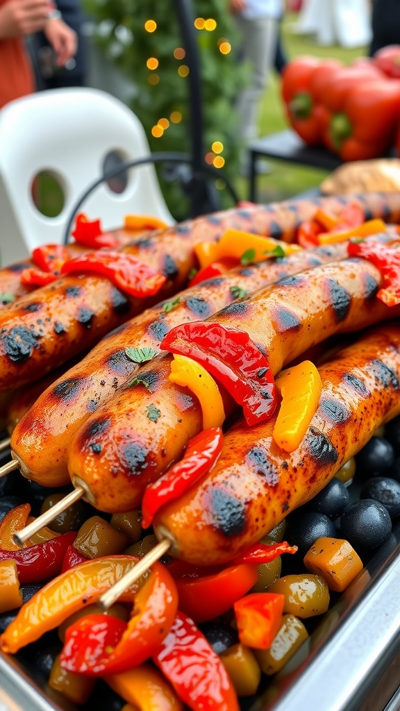 Grilled sausages with colored peppers on skewers, ready for a summer cookout.