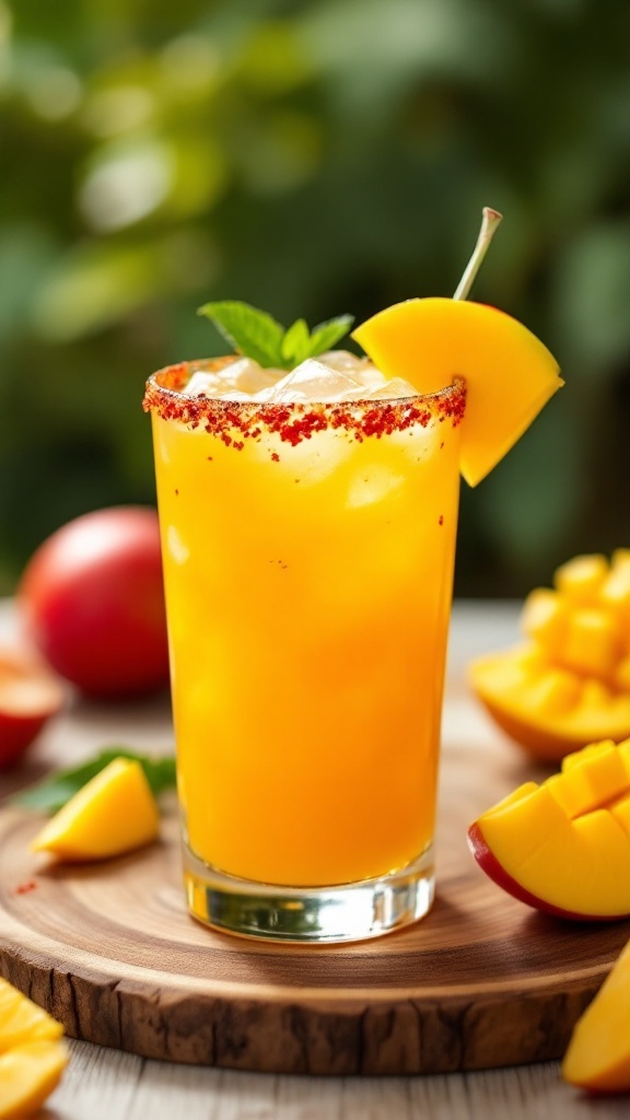 A refreshing Spicy Mango Cooler mocktail garnished with a lime wedge and mint leaves, surrounded by fresh mango slices.