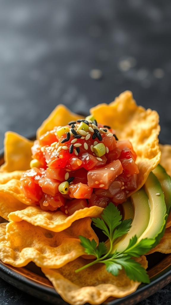 Crispy wontons topped with spicy tuna tartare and avocado slices.