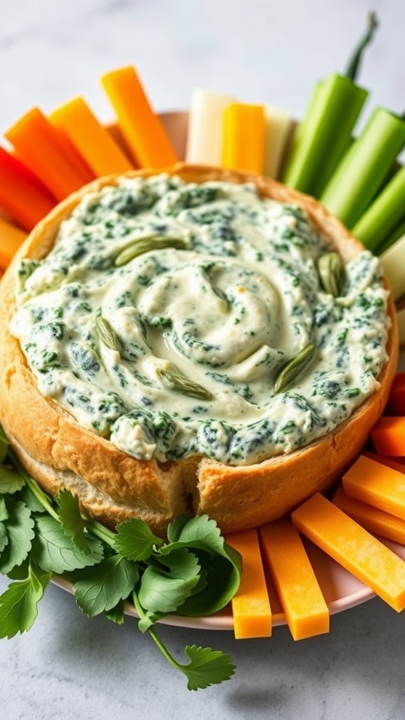 A creamy spinach and artichoke dip served in a bread bowl with assorted vegetables and cheddar cheese pieces around it.