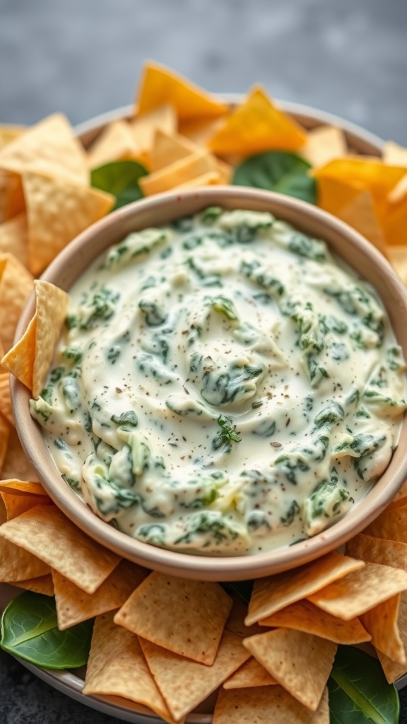 A bowl of spinach and artichoke dip surrounded by tortilla chips.
