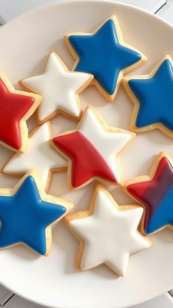 Star-shaped cookies decorated with red, white, and blue icing on a plate.