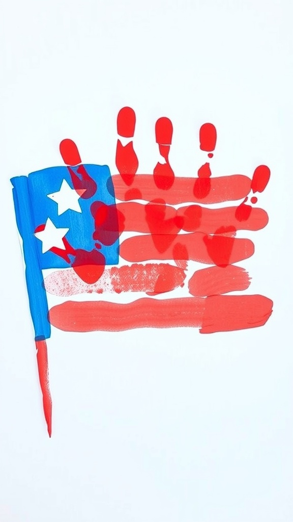 Handprint flag craft for the 4th of July showing red and blue paint with stars.