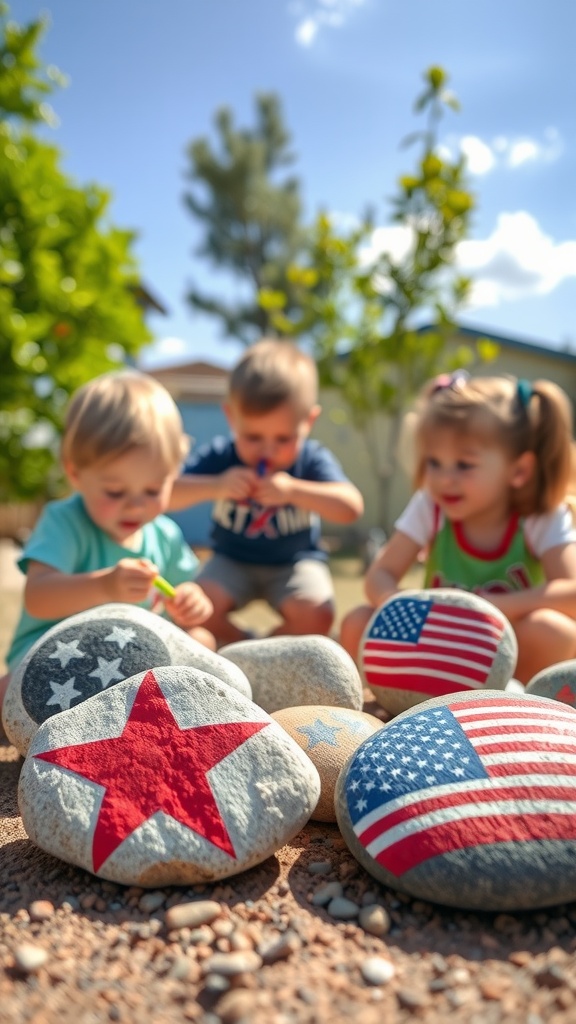 Children painting rocks with patriotic designs for 4th of July crafts.
